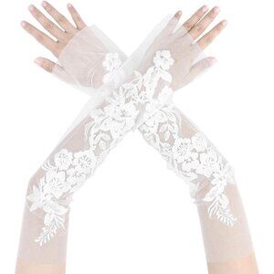 Women's White-16 Floral Pearl Polka Point Bow knot Lace Arm Sleeves Gloves Prom